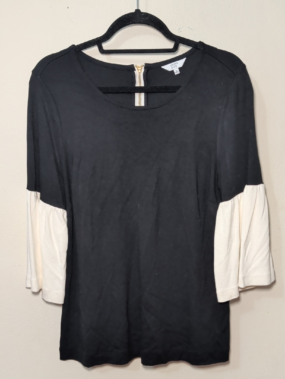 Crown & Ivy Layered-Look Black Sweater with Cream Bell Sleeves Women's Size M